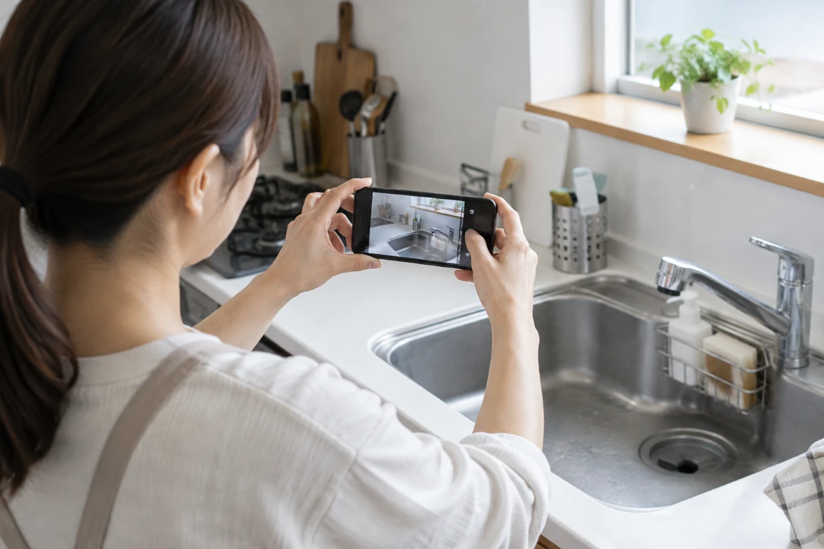 ハウスクリーニング相談前に気になる箇所をスマートフォンで撮影している様子