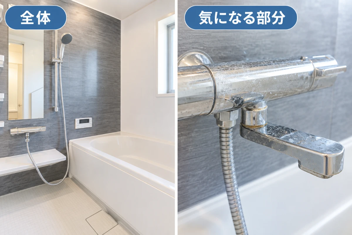 掃除対象の全体写真と気になる汚れの近接写真を並べた撮影例