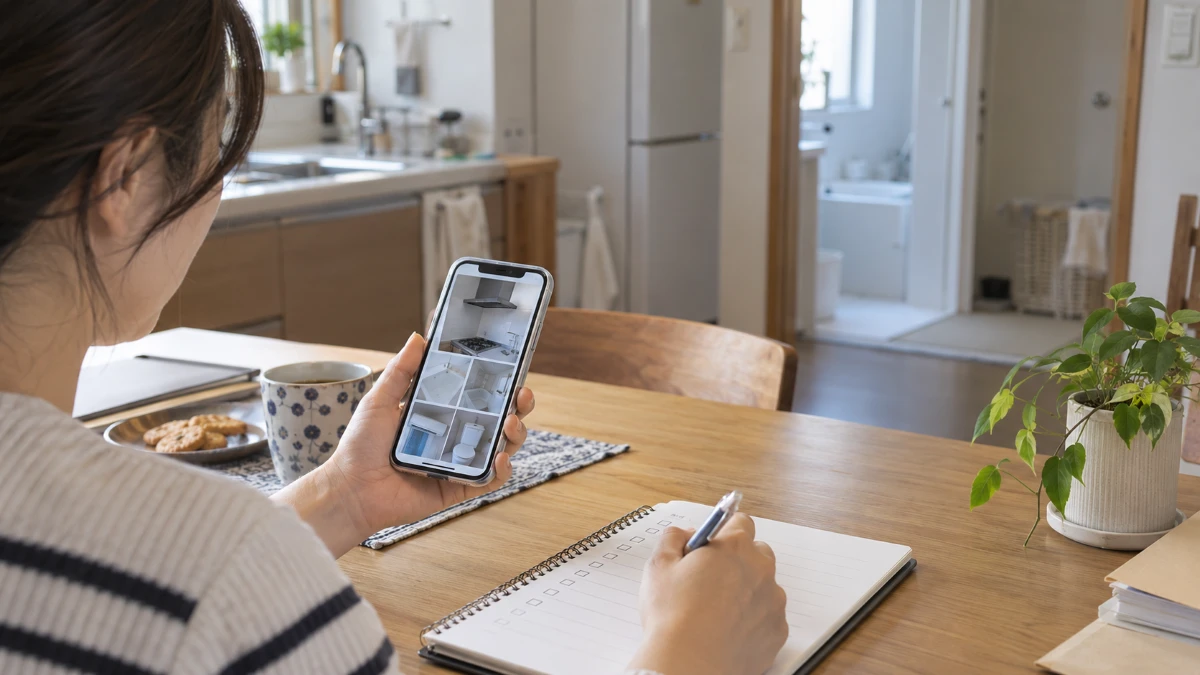 スマートフォンとメモを使って掃除を依頼したい場所と状態を整理している場面