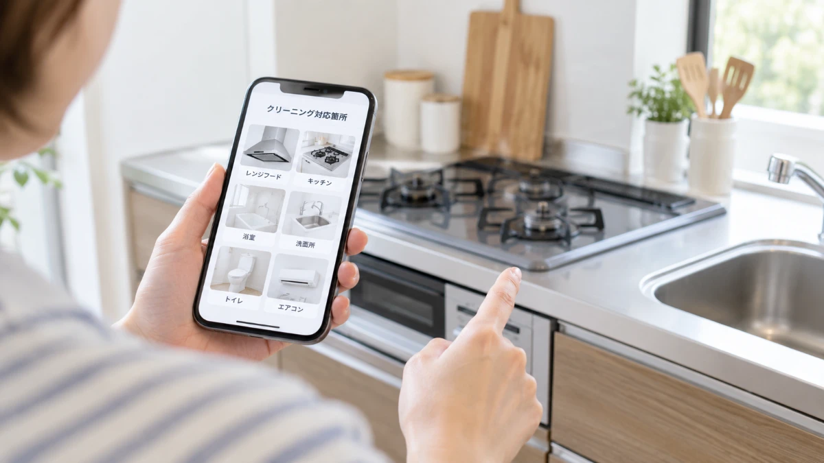 スマートフォンのサービス案内と掃除してほしい場所を見比べて作業範囲を確認する場面