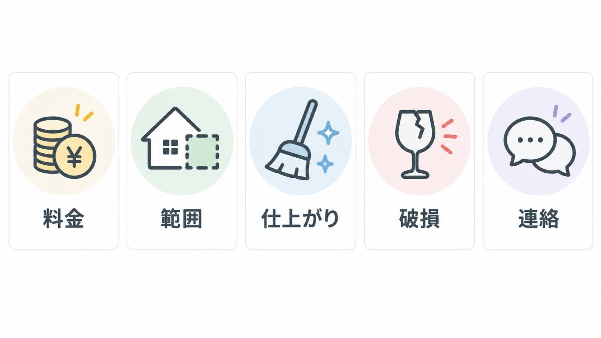 ハウスクリーニング業者トラブルを料金範囲仕上がり破損連絡に分類した図解