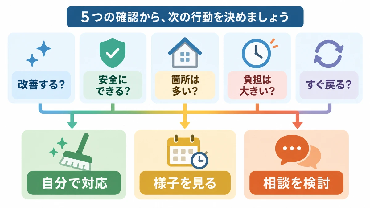 5つの依頼判断軸から自分で対応・様子を見る・相談を検討へ分ける最終判断図