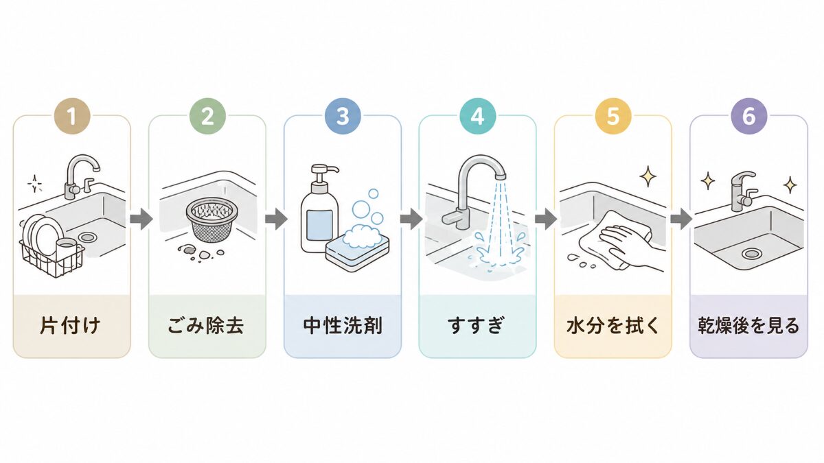 キッチンシンクを片付けから乾燥後確認まで進める掃除手順