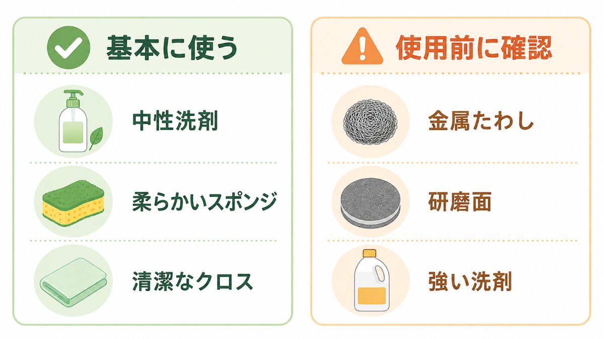 キッチンシンク掃除に使いやすい道具と注意が必要な道具の比較図
