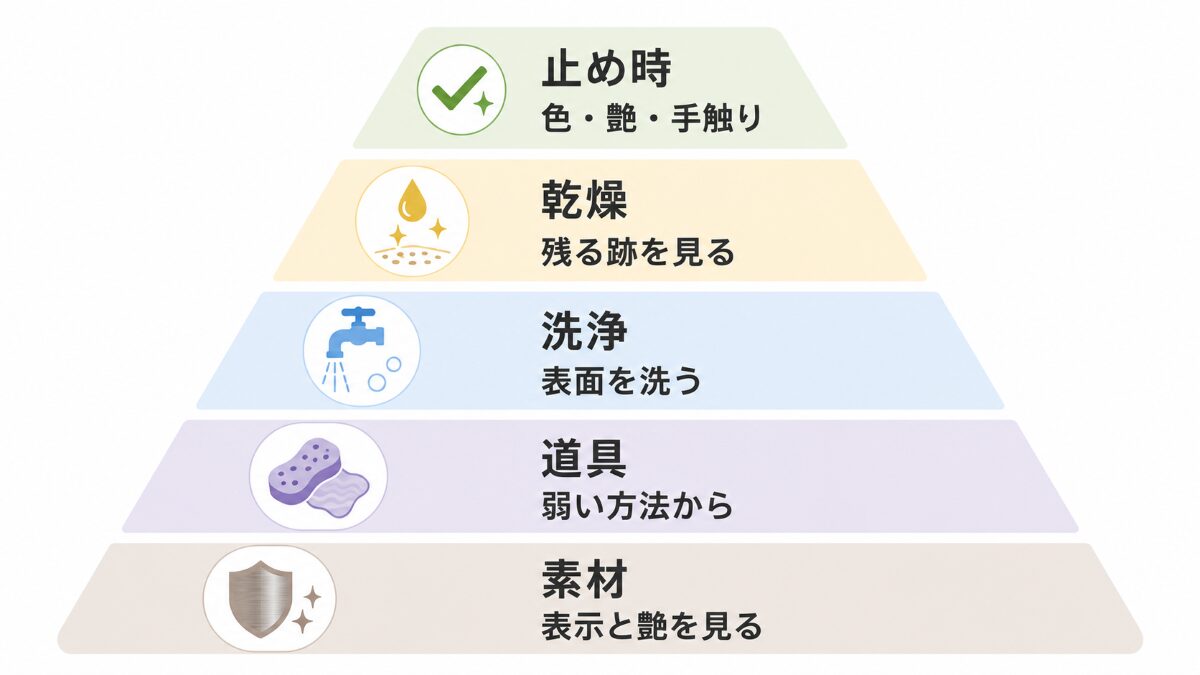 キッチンシンク掃除を素材道具洗浄乾燥止め時の順で確認する優先順位図