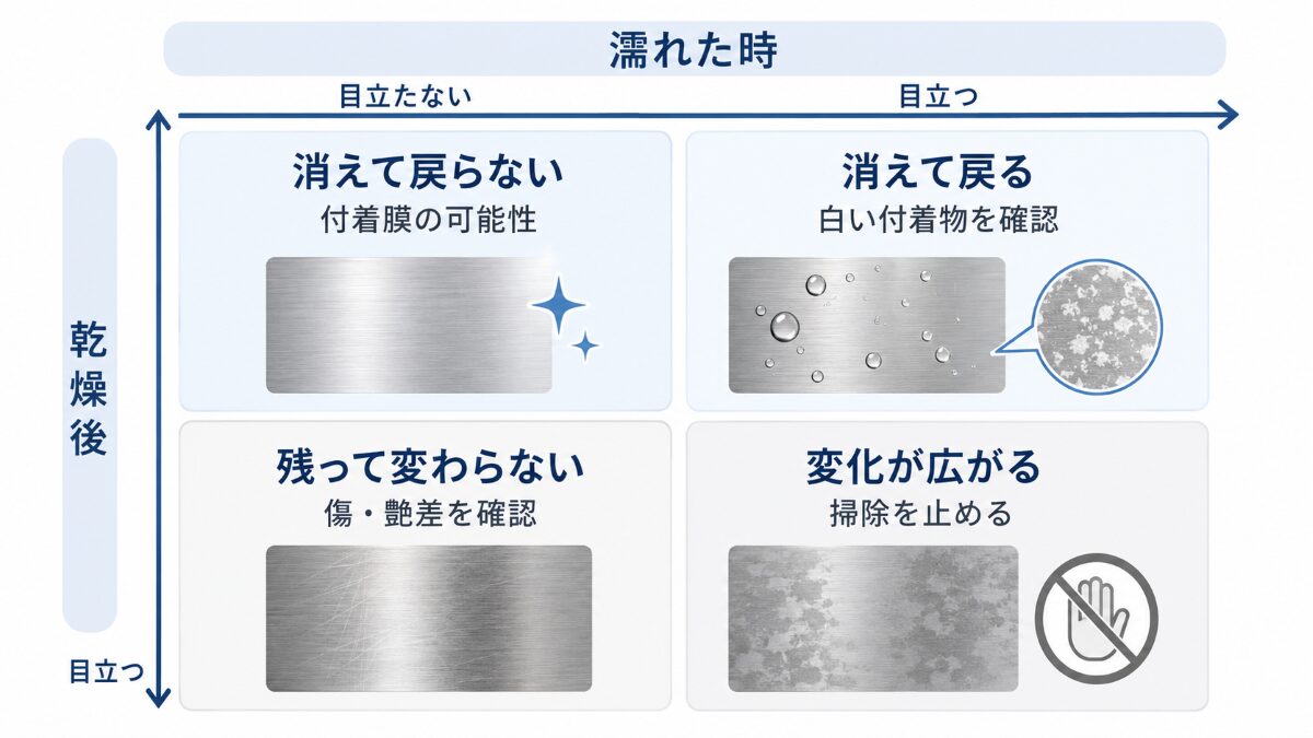 ステンレスシンクのくすみを濡れた時と乾燥後で比べる図