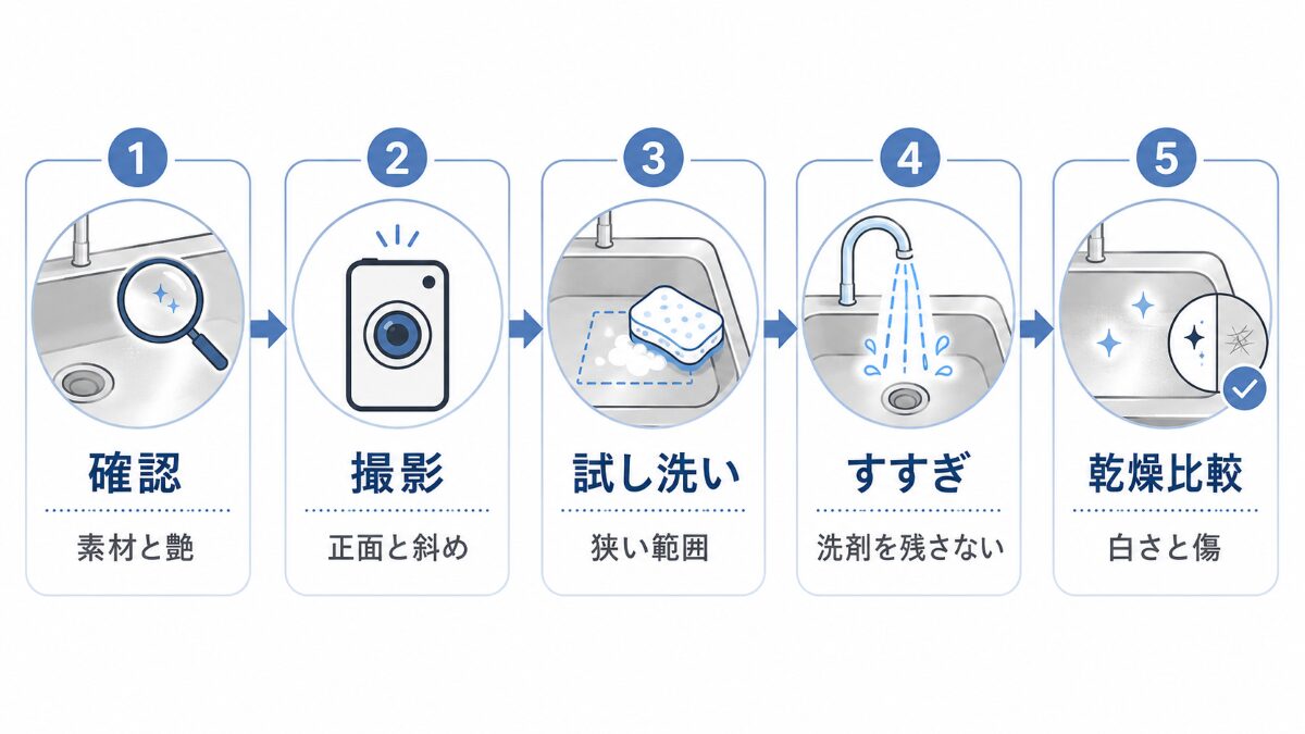 ステンレスシンクのくすみを試し洗いして乾燥後に確認する手順