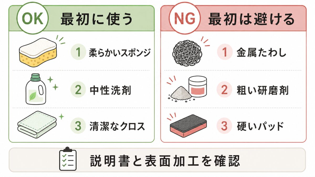 ステンレスシンクのくすみ掃除で使う道具と避ける道具の比較