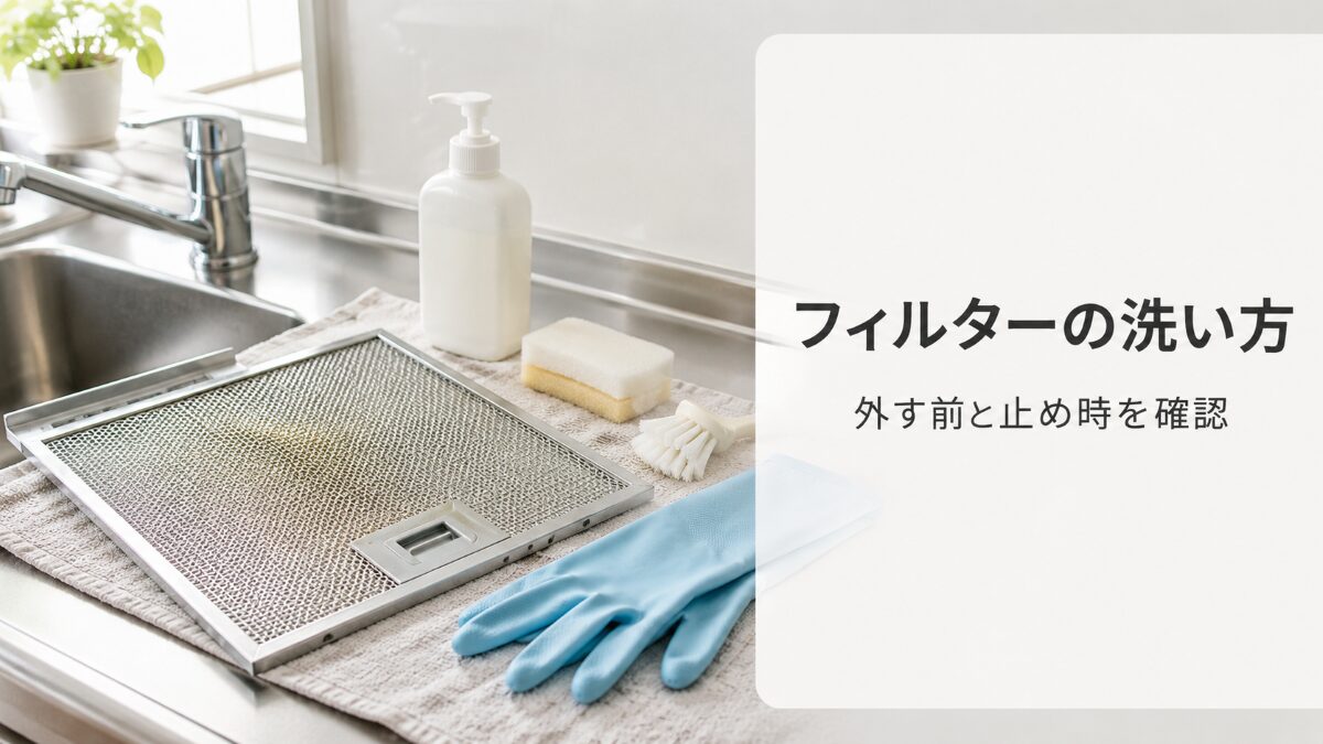 レンジフードの金属フィルターと柔らかい掃除道具を並べたキッチン