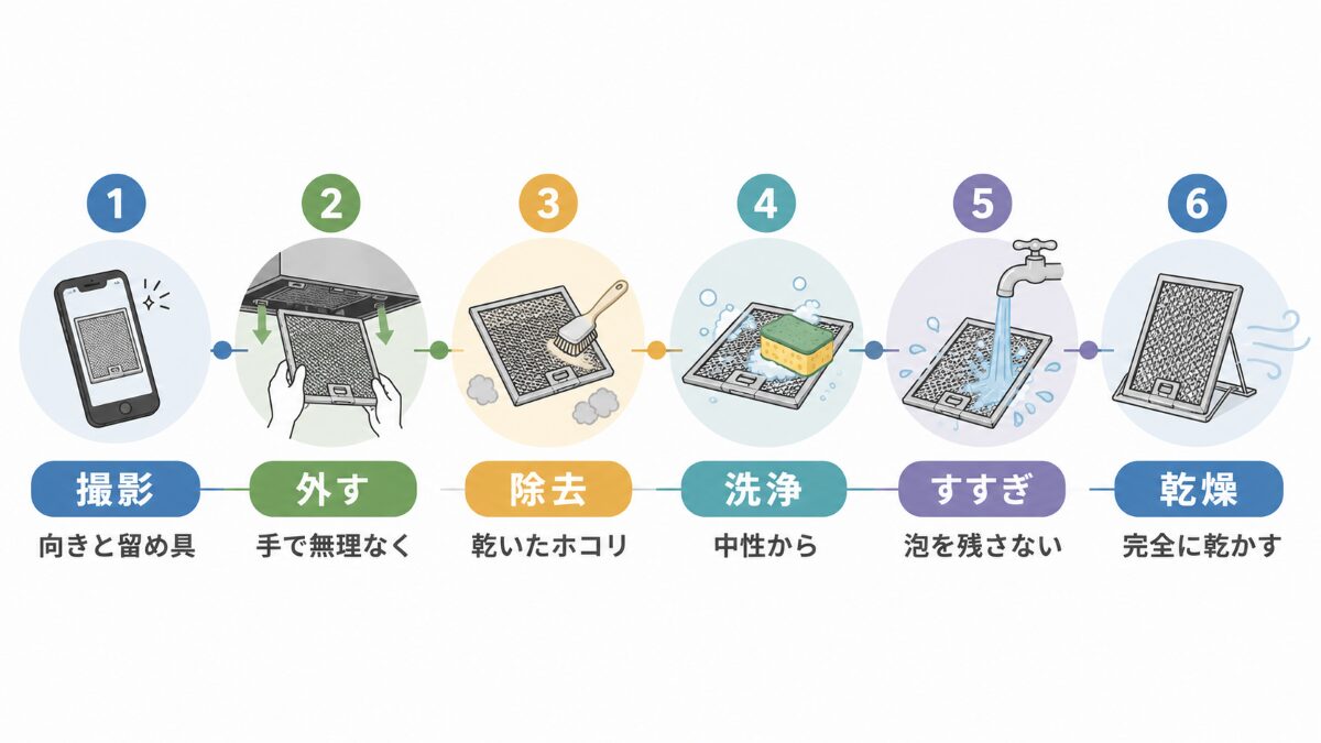 レンジフードフィルターを外して洗い完全乾燥させる6工程