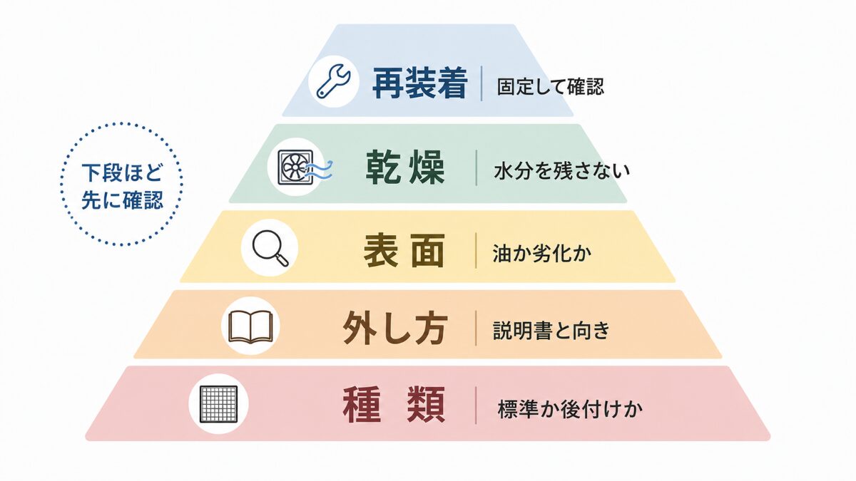 レンジフードフィルター掃除で確認する種類、外し方、表面、乾燥、再装着の順番
