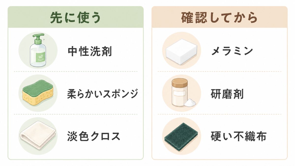 人造大理石シンクで先に使う道具と使用確認が必要な道具の比較