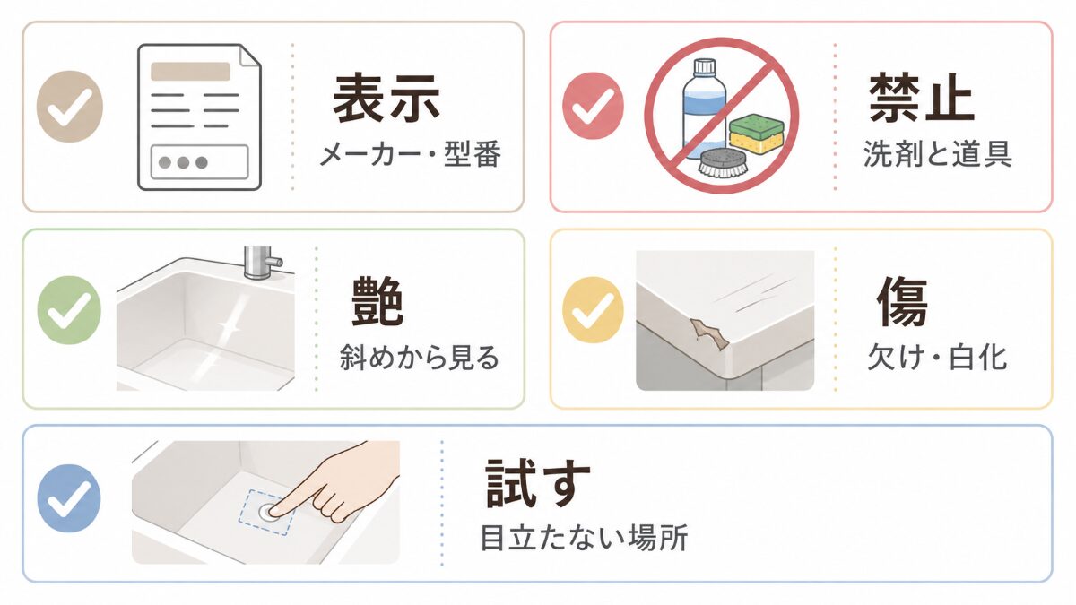 人造大理石シンクを掃除する前に表示艶傷試し場所を確認するチェックリスト