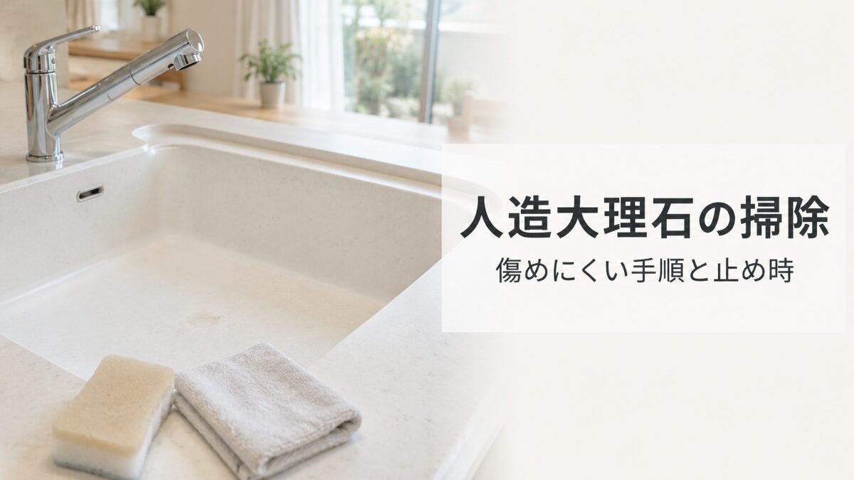 人造大理石シンクを柔らかいスポンジとクロスで掃除前確認する様子