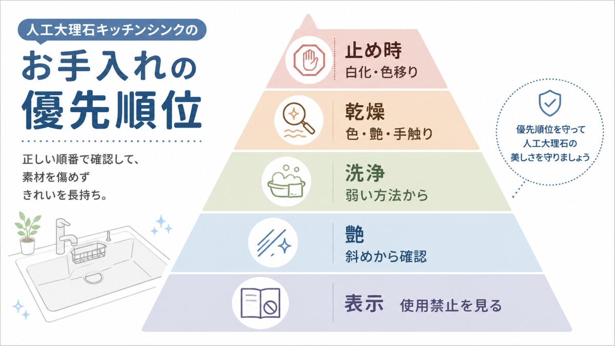 人造大理石シンクを表示艶弱い洗浄乾燥止め時の順で確認する優先順位図