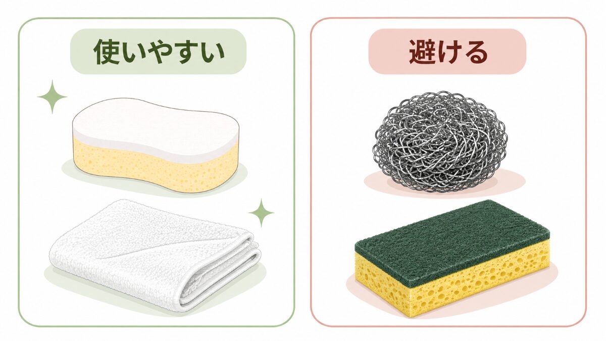 浴室カウンターに使いやすい柔らかい道具と避けたい硬い道具の比較