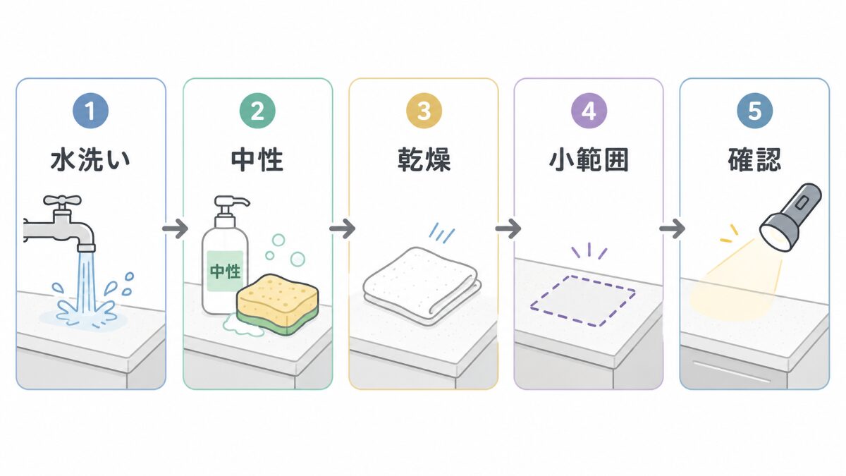 浴室カウンターの水垢掃除を水洗い中性洗剤乾燥小範囲確認の順で進める図