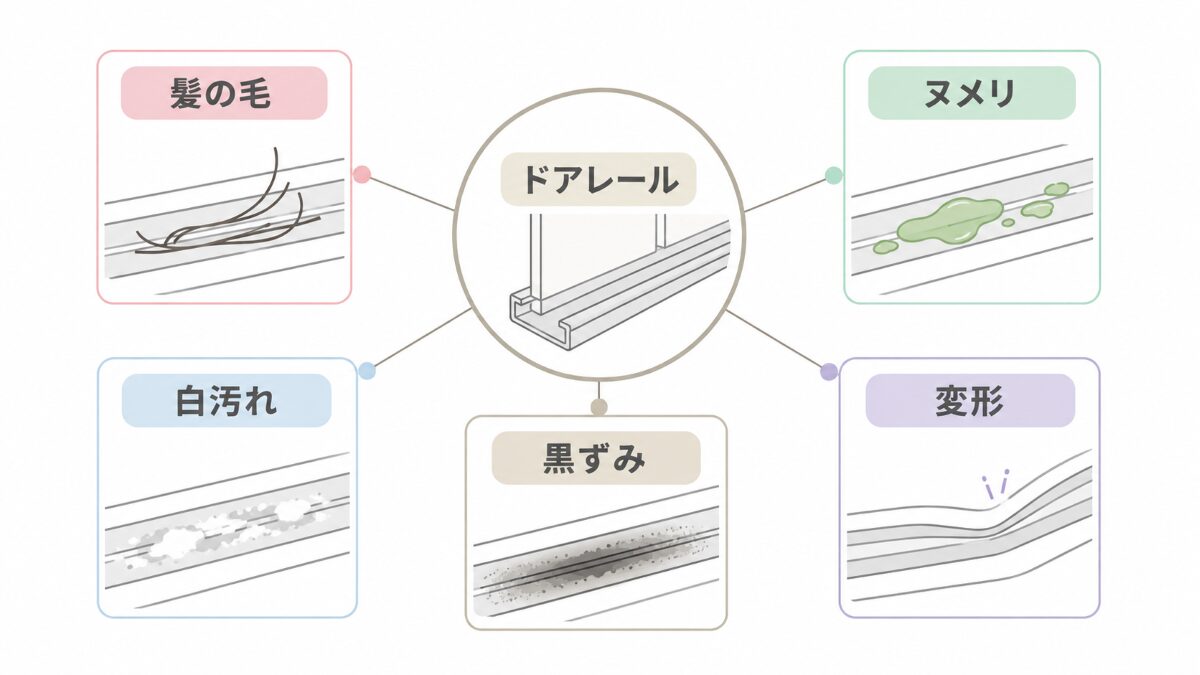 浴室ドアレールの汚れを髪の毛ヌメリ白汚れ黒ずみ変形で分ける図解