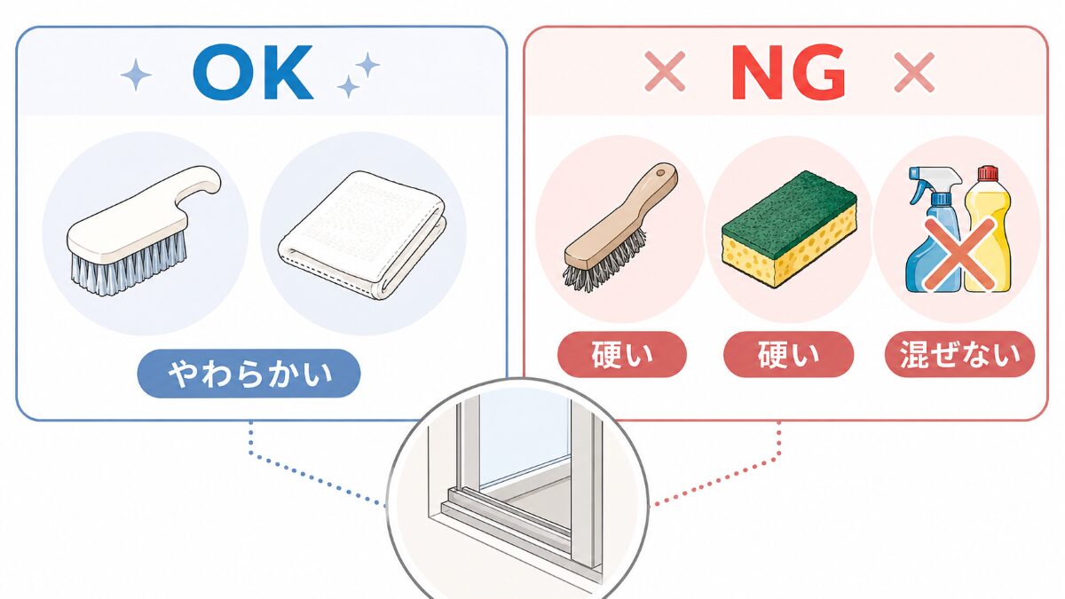 浴室ドアレール掃除で使いやすい道具と避けたい道具を比較する図解