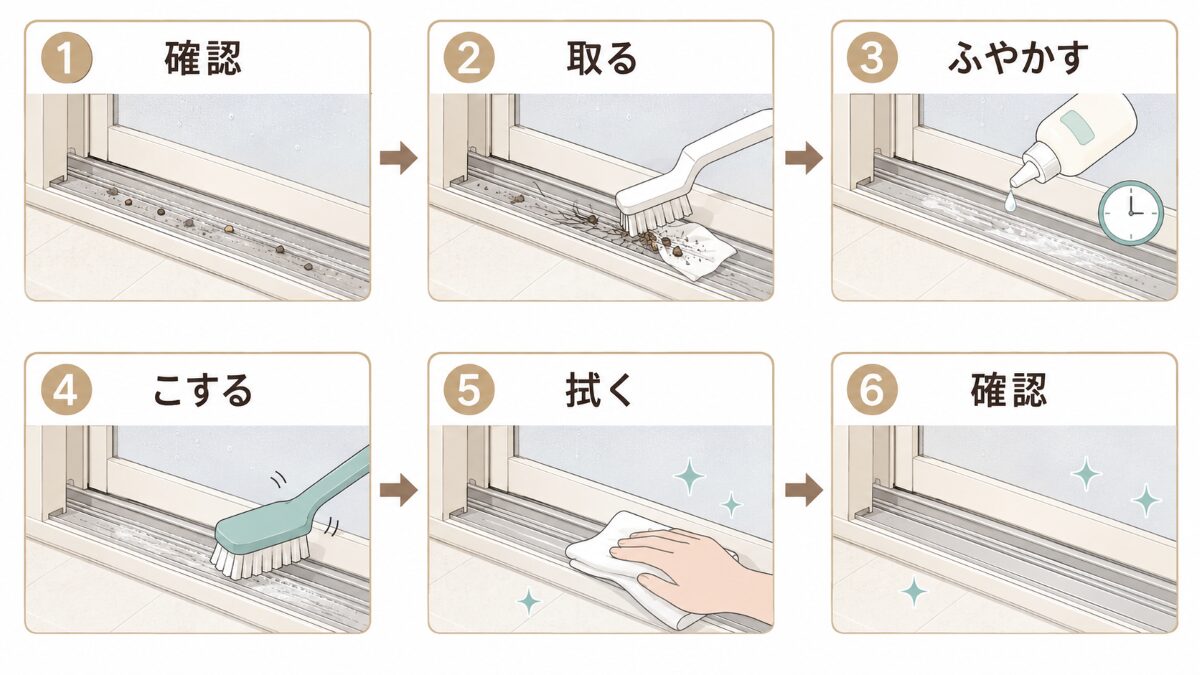 浴室ドアレール掃除を確認取るふやかすこする拭く確認の順で進める図解