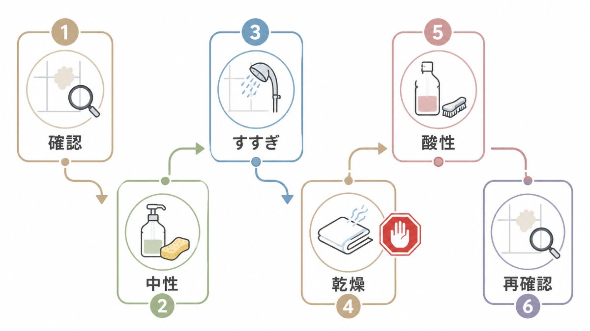 浴室壁の水垢を中性洗剤から酸性洗剤へ段階的に試す掃除手順