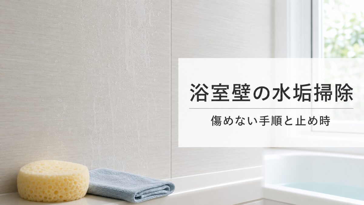 浴室壁の水垢を柔らかいスポンジで掃除する前に壁材を確認するイメージ