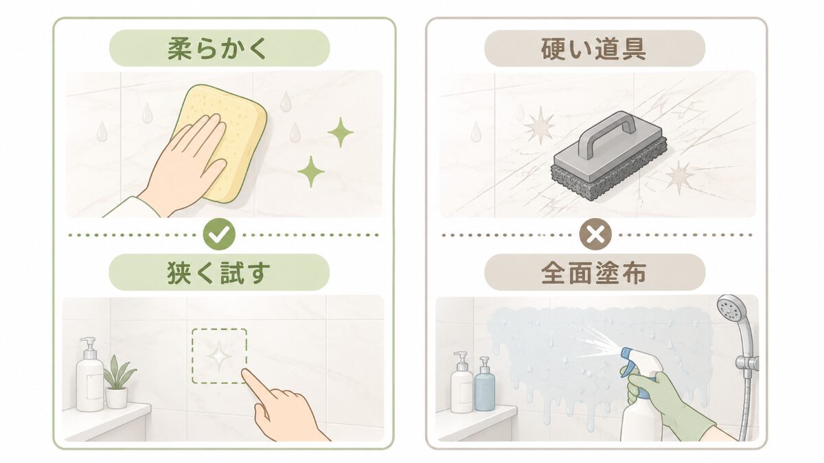 浴室壁の水垢掃除で柔らかい道具と狭い試験を選ぶ比較図