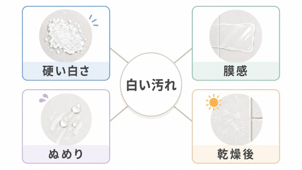 浴室壁の白い汚れを硬さ膜感ぬめり乾燥後の見え方で分ける図