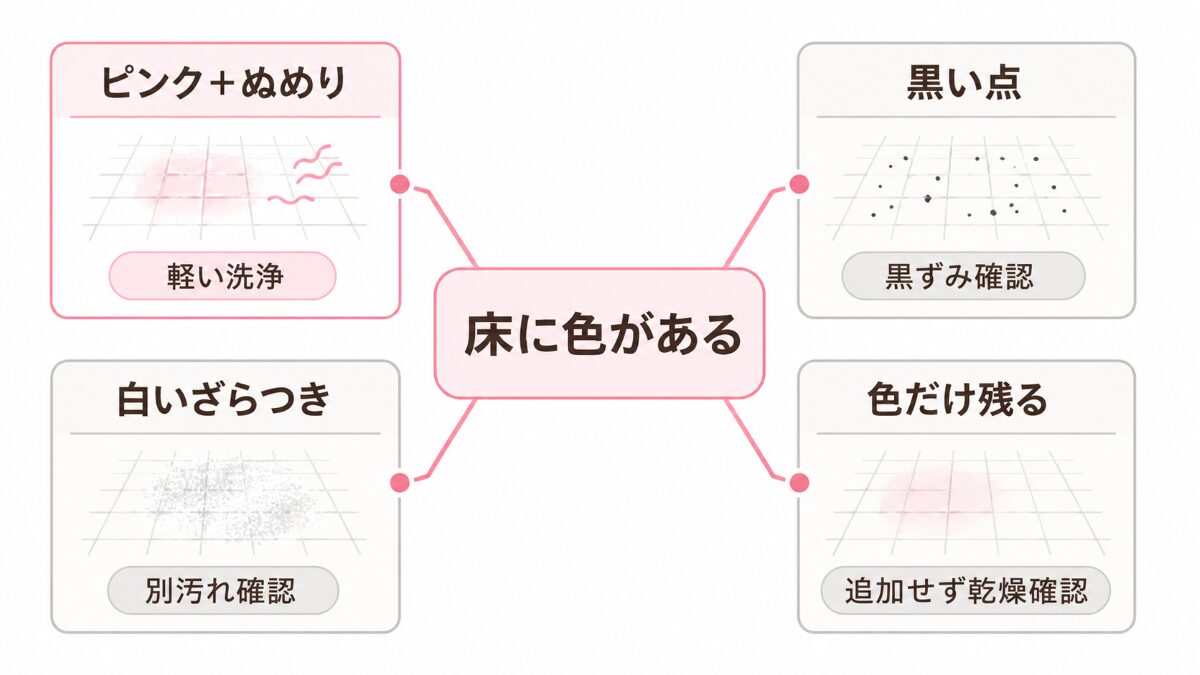 浴室床のピンクぬめり黒ずみ白いざらつき色残りを分ける症状別分岐図