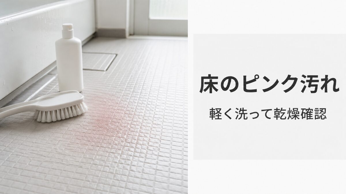 浴室床のピンク汚れとやわらかいブラシを示した記事アイキャッチ