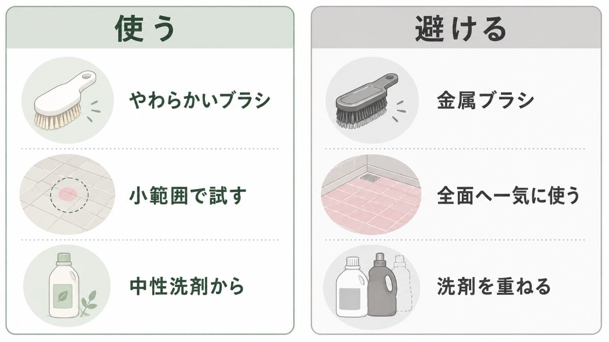 浴室床のピンク汚れ掃除で使う道具と避けたい道具を比較する図