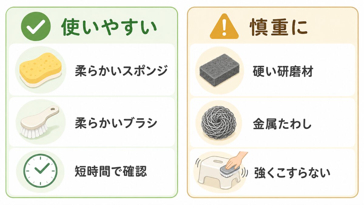浴室椅子に使う柔らかい道具と避けたい硬い研磨道具の比較図