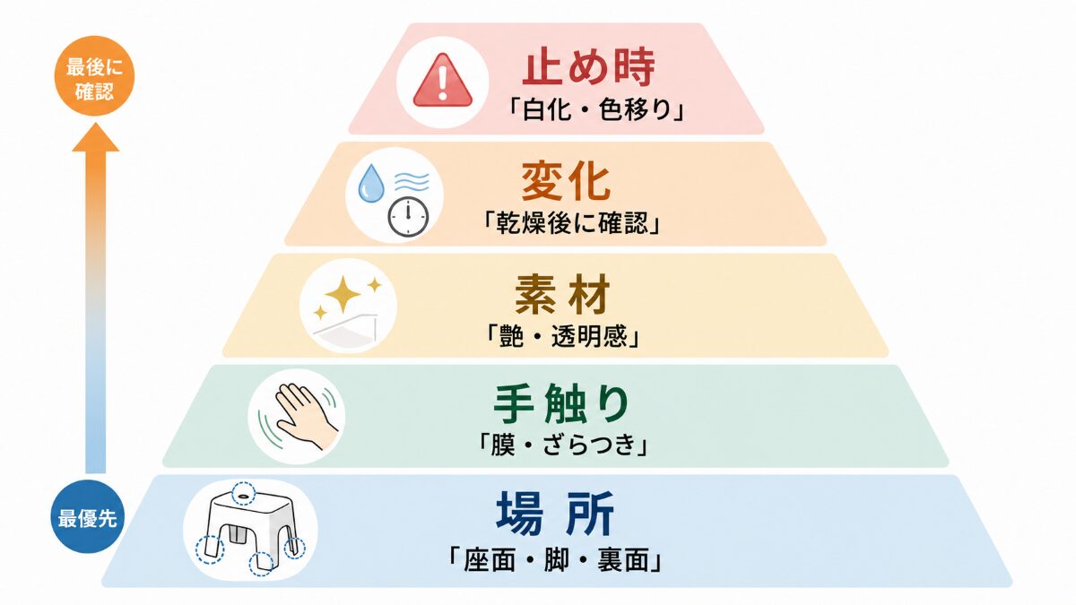 浴室椅子の湯垢を場所手触り素材変化止め時の順で確認する優先順位図