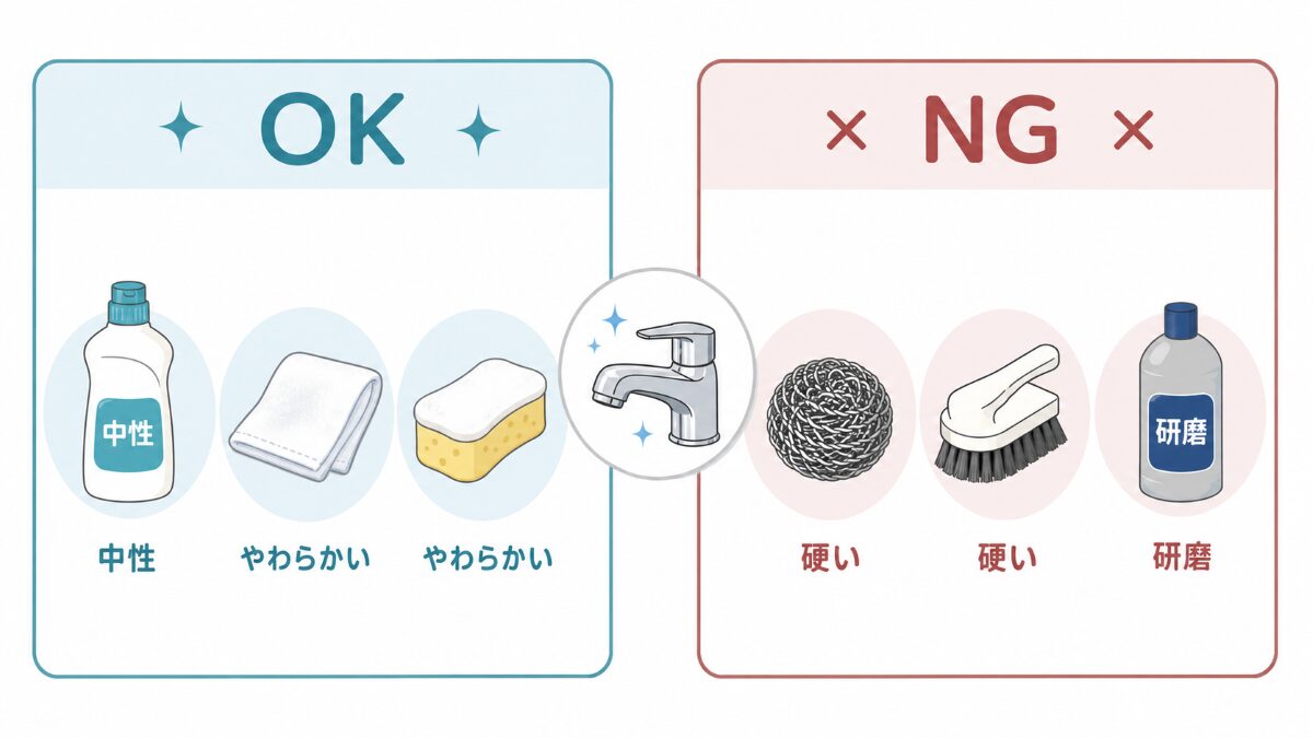 浴室蛇口の水垢掃除で使う道具と避けたい道具を比較する図解