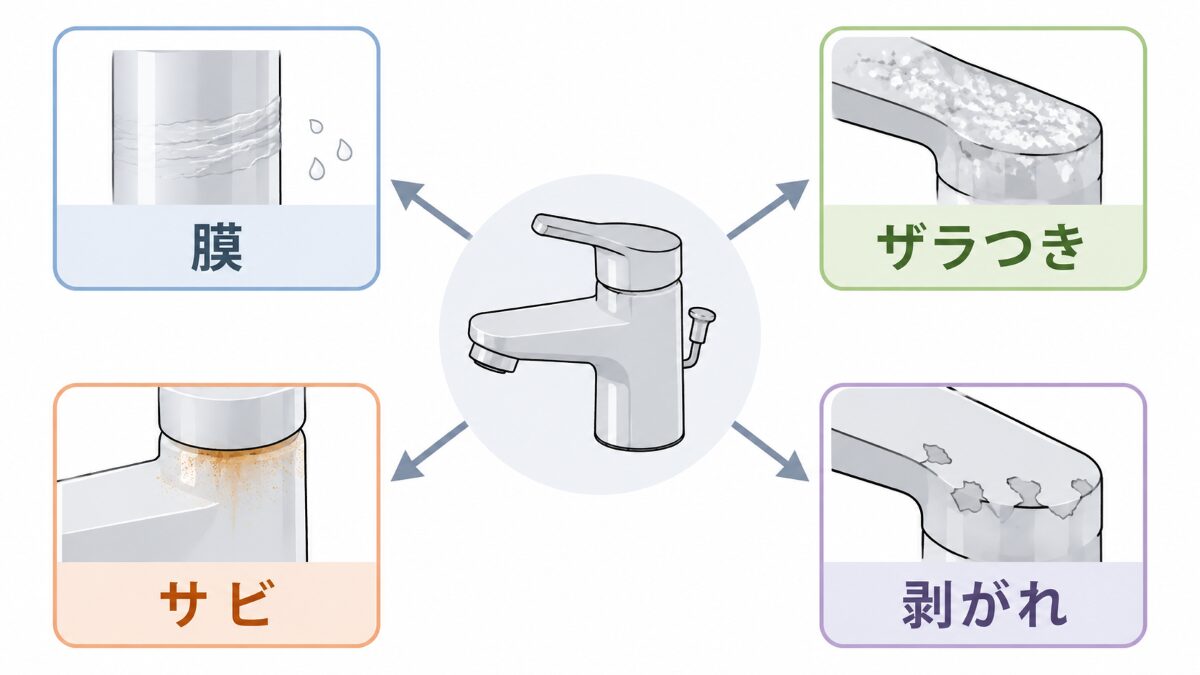 浴室蛇口の白い水垢を白い膜ザラつきサビ剥がれで見分ける図解