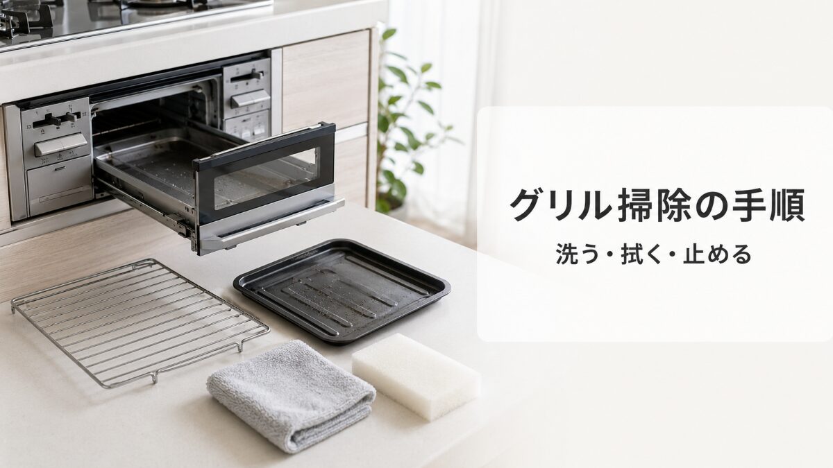魚焼きグリルの網と受け皿を外して掃除範囲を確認する様子