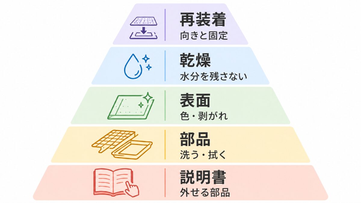 魚焼きグリル掃除で説明書、部品、表面、乾燥、再装着を確認する順番