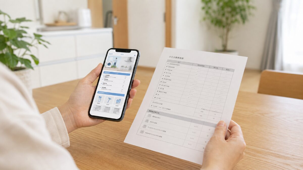 ハウスクリーニングの料金と追加条件を依頼前に確認している様子