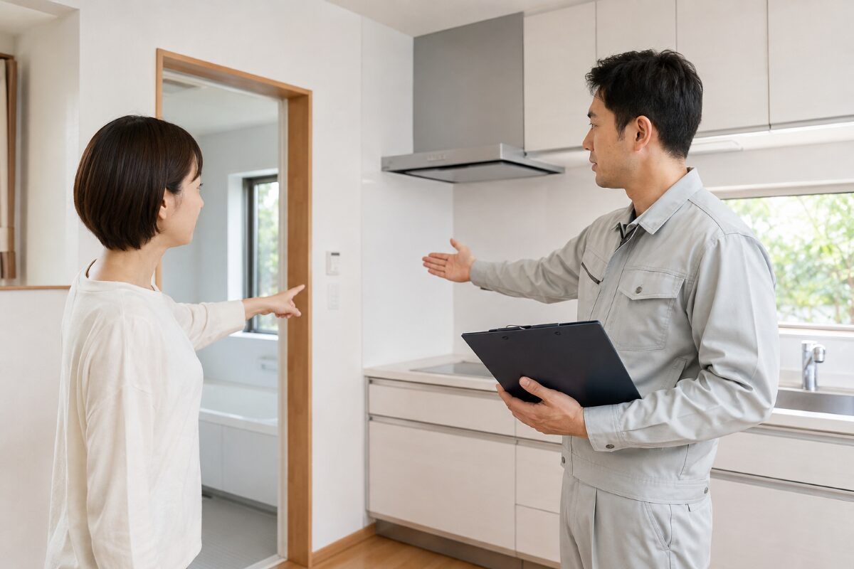ハウスクリーニング前に作業対象と範囲を確認する様子