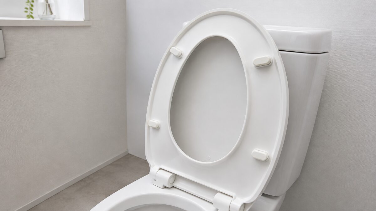 トイレの便座を上げて裏側全体を確認している状態