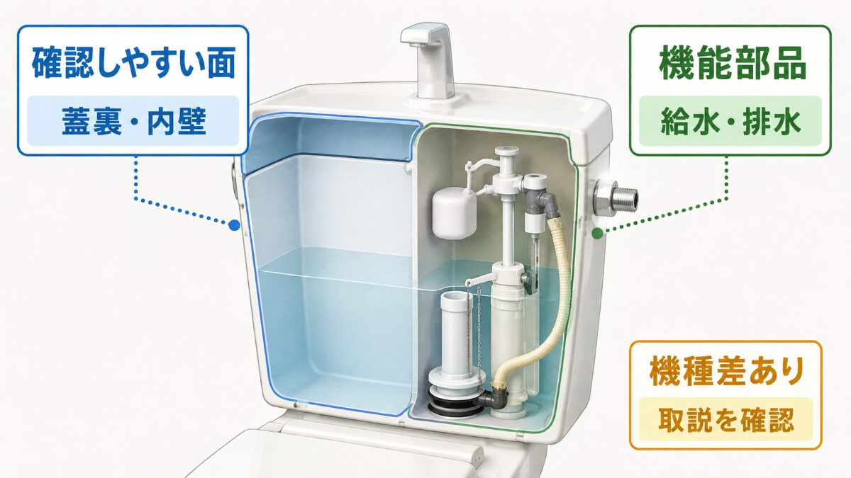 トイレタンク内部の見える面と機能部品を分けた構造図