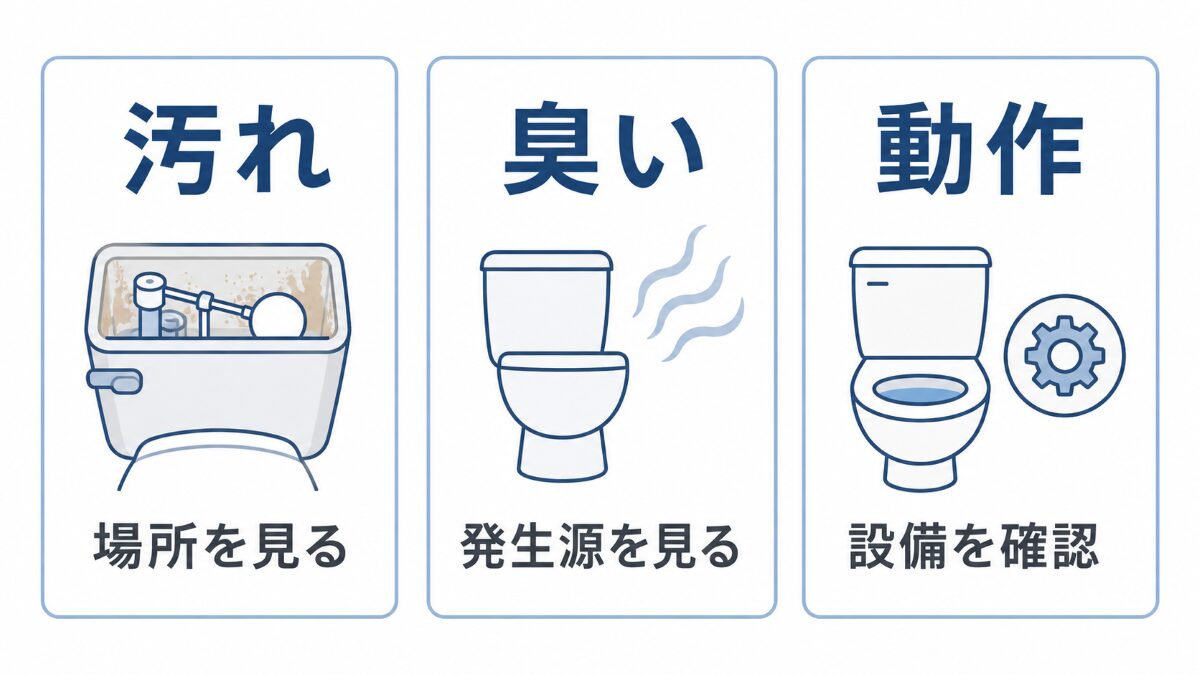 トイレタンクを確認するときに汚れ・臭い・動作を分ける判断図