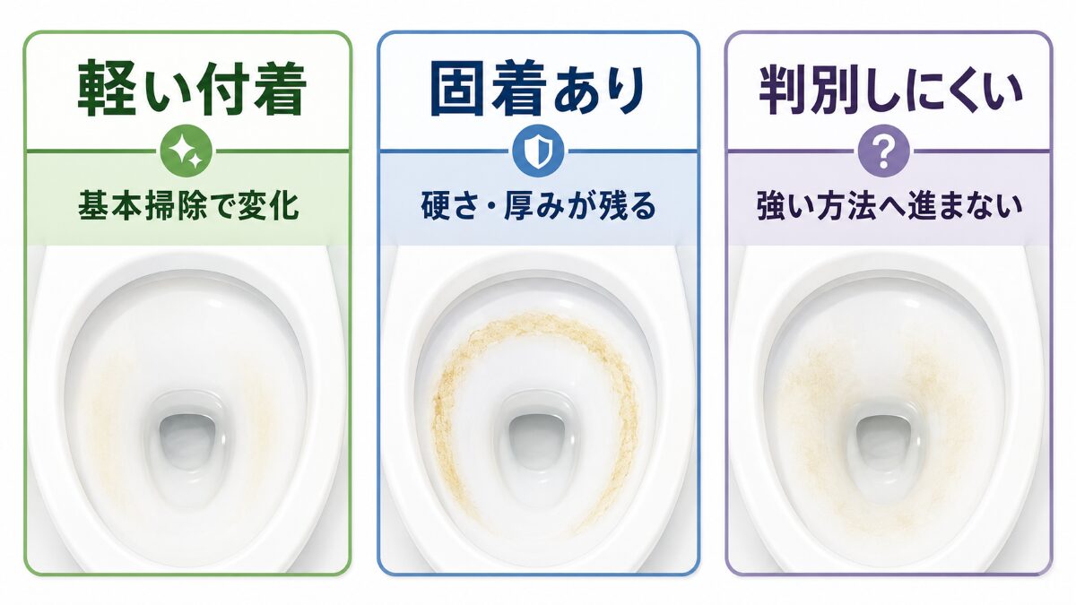 トイレの軽い黄ばみと固着した尿石を状態別に確認する判断図