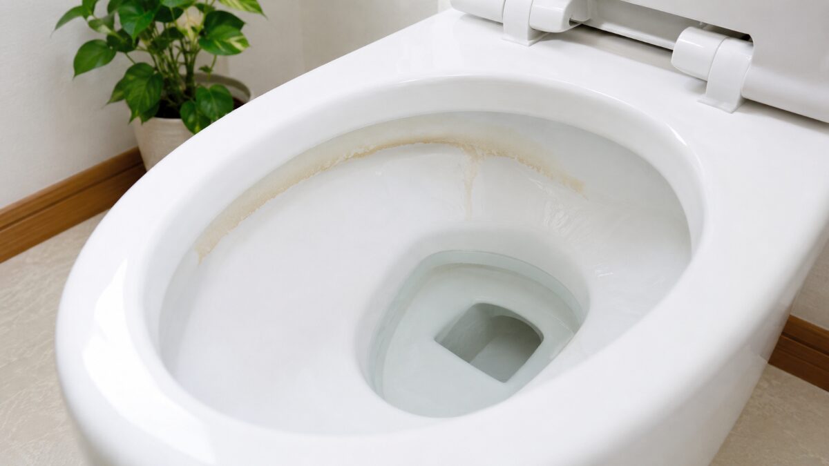 トイレ便器内の水際や縁付近で尿石の付着場所を確認する様子