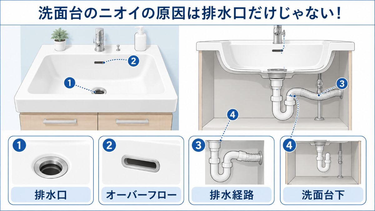 洗面台の排水口の臭いで確認する4つの原因箇所
