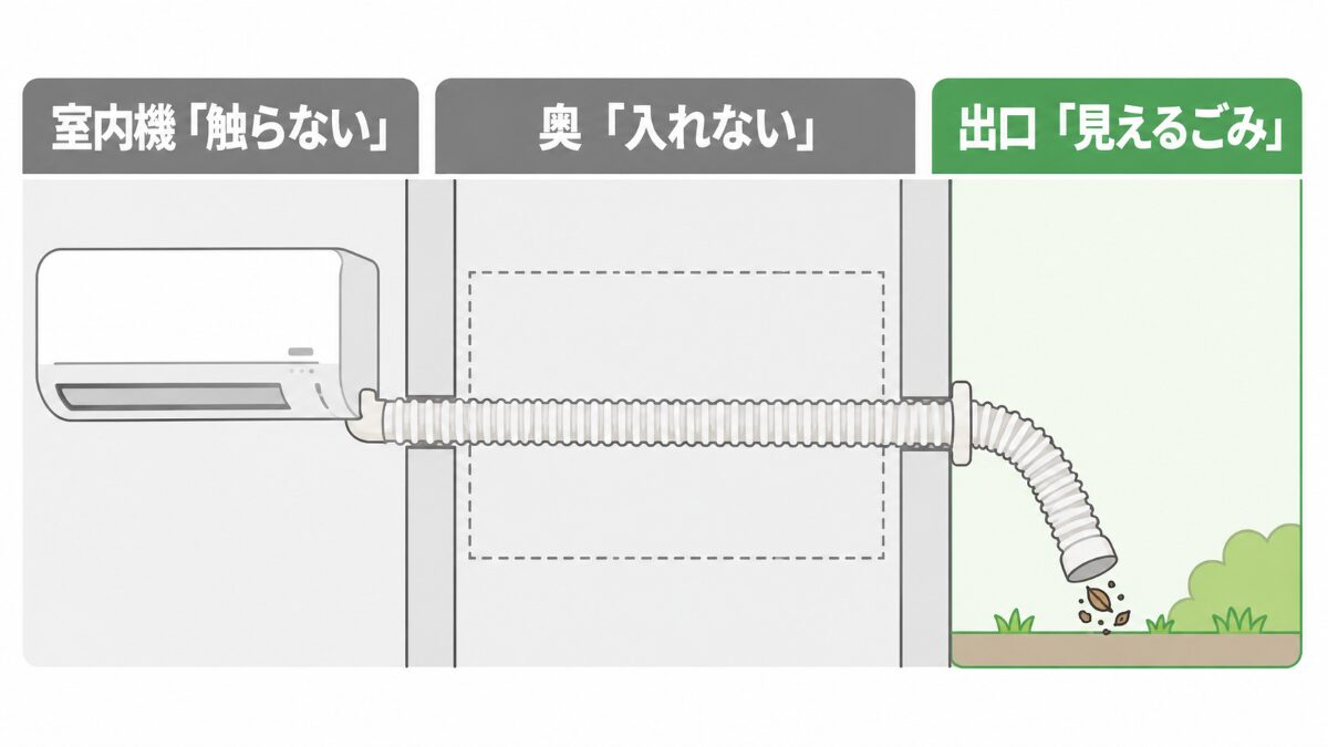 エアコンのドレンホースで自分で掃除できる範囲と触らない範囲