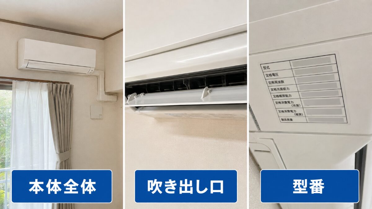 エアコンの酸っぱい臭いを相談するときに撮る本体と吹き出し口と型番