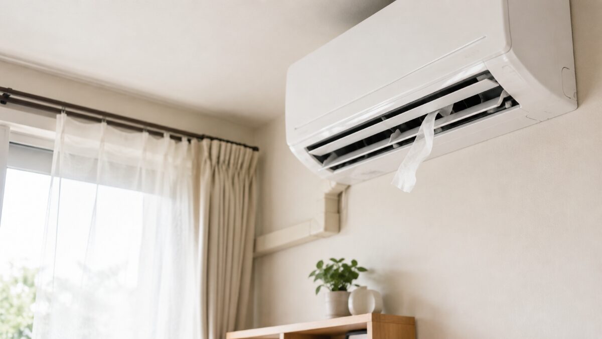 エアコンの風が出始める吹き出し口を確認する場面