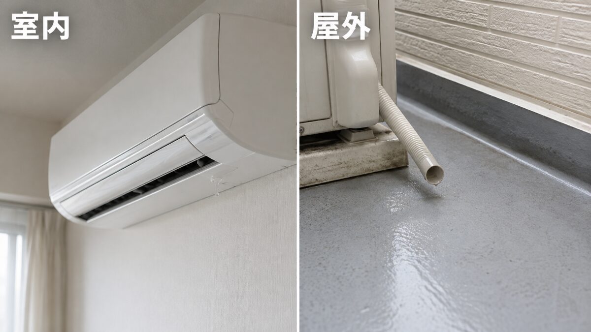 エアコン室内機の水漏れ位置と屋外ドレンホース出口の確認