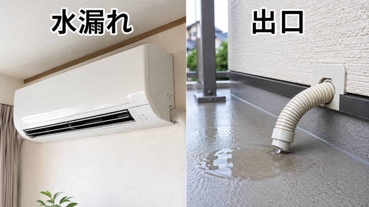 ドレンホース掃除後に室内機の水漏れと屋外出口を確認する様子